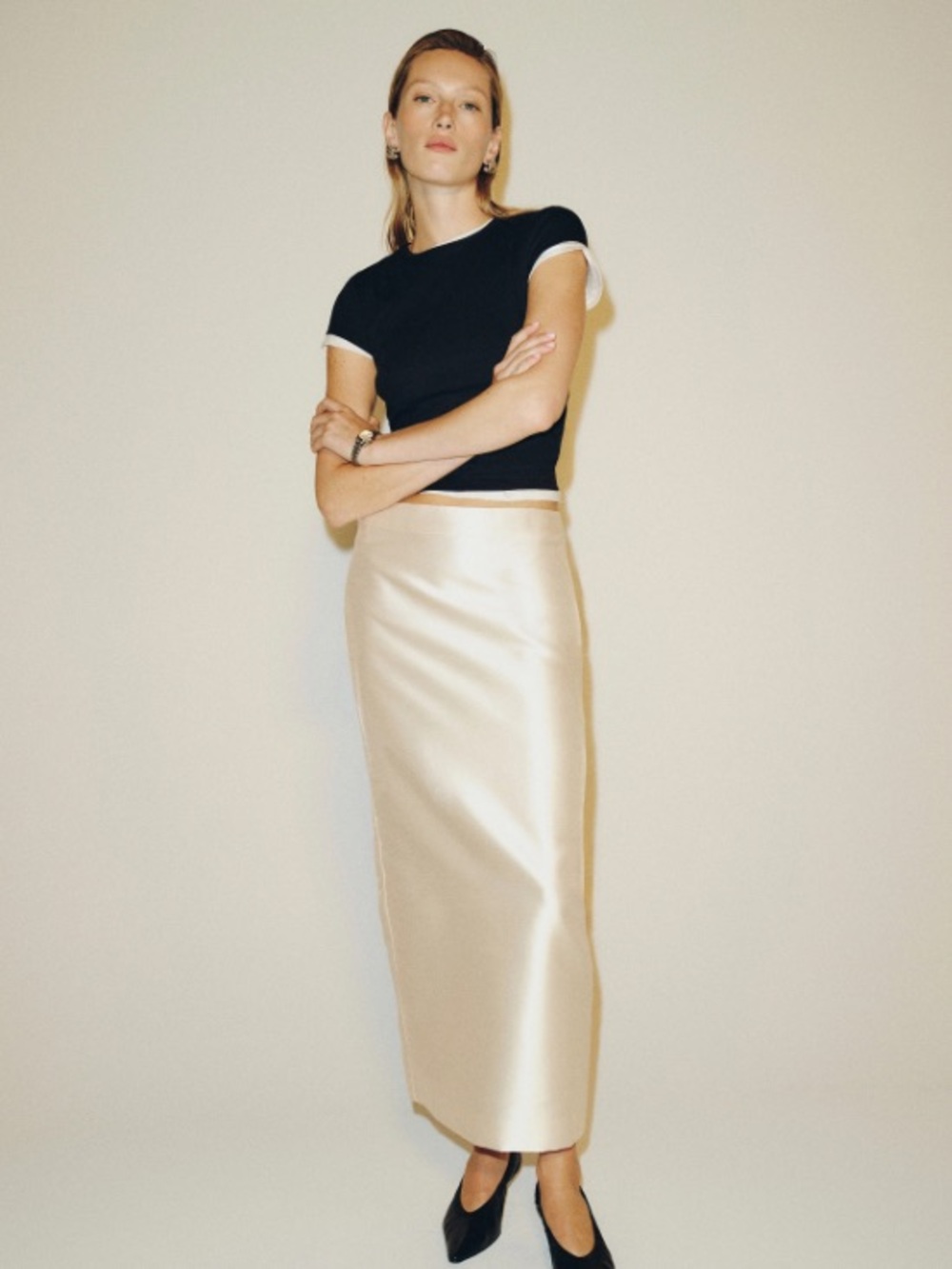 Reformation Satin lydia Midi Skirt in Light Beige